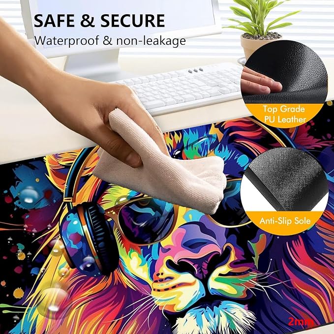 Heated Mouse Pad with 3 Levels Heated & 3 Hours Auto Shut-Off Mouse Pad for Warming Hands in Office Home, 31.5" x 13"Large Safe Desk Mat Hand Warmer，Lion with Headphones