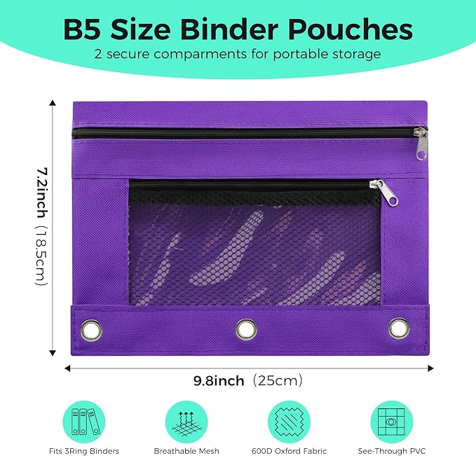 Pencil Pouch for 3 Ring Binder, Pencil Case with Zipper, 600D Fabric Pencil Pouch Bag Holder Accessories, Clear Window Pencil Case Aesthetic Back to School Organizer Pockets for Boy Girl (Purple)
