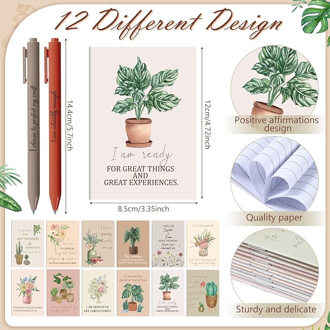 Mooliwe 12 Set/ 24 Pcs Positive Affirmation Gift Set Gratitude Notebooks with Pens Small Bags Motivational Encouragement Notepads Daily Affirmations Journal for Women Stress Relief Self Care (Flower)