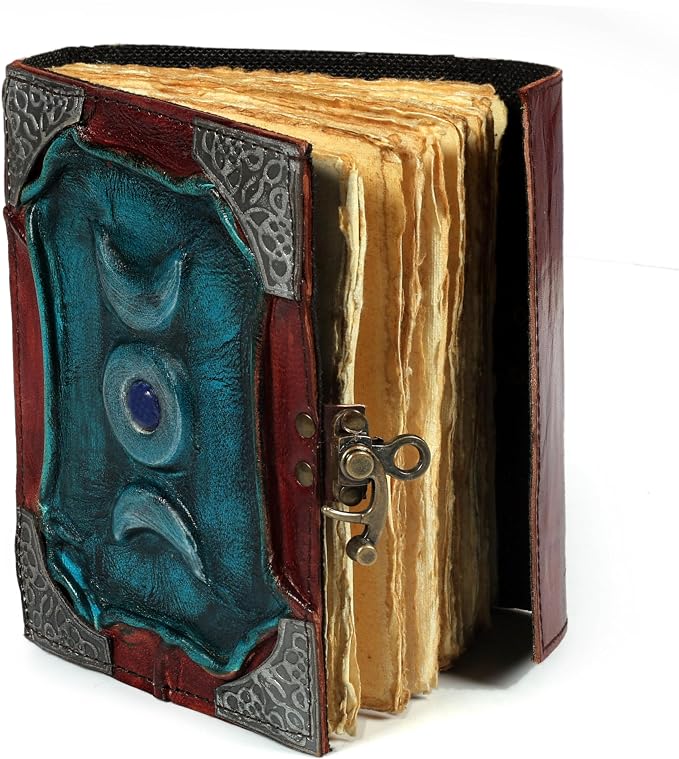 3 Moon Blue Lapis Embossed Vintage Leather Journal | 240 Pages of Antique Handmade Deckle Edge Vintage Paper, Leather Sketchbook, Embossed Drawing Journal (5x7 inch, Teal Blue)