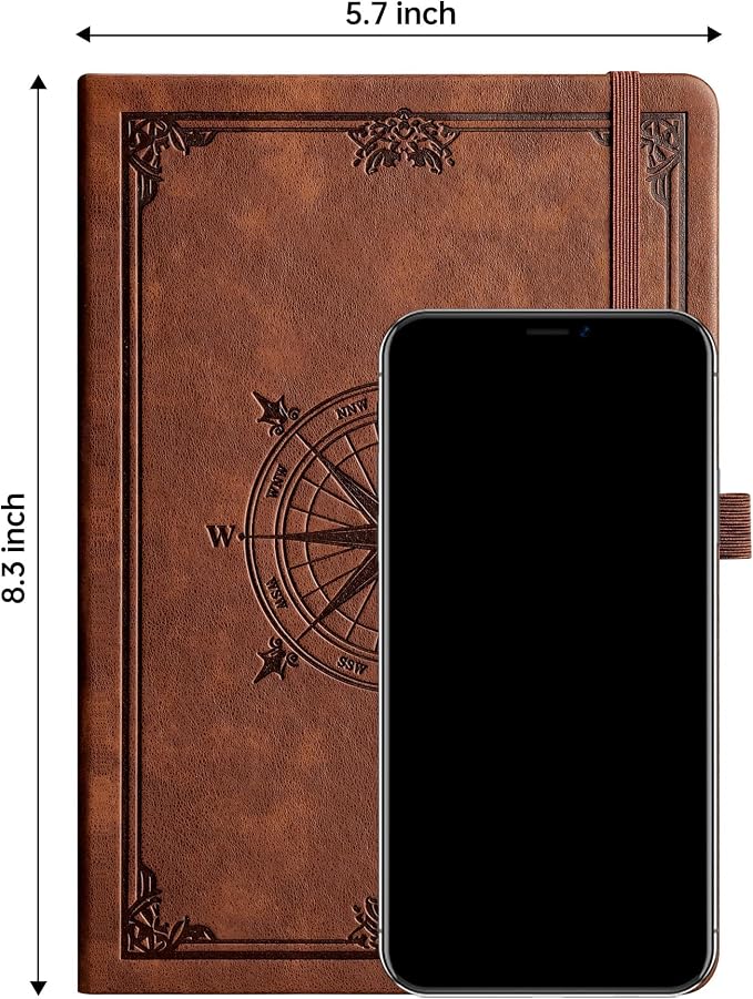 AHGXG Dotted Journal Notebook, 192 Pages, A5 Medium Size (5.7'' x 8.3'') | Leather Hardcover, 100 GSM Thick Paper, for Journaling, Planning, Tracking (Brown)