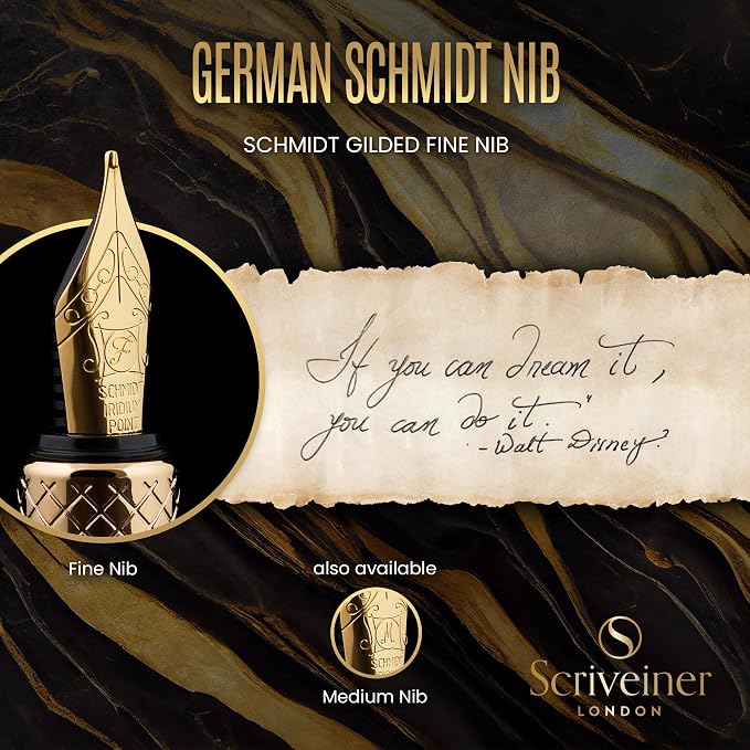 Scriveiner Gold Luxury Fountain Pen (Fine) - Award Winning - Heavy Pocket Stunning Luxury Pen, Real Gold Plating, German Nib & Converter, Nice Gift Pens for Men & Women