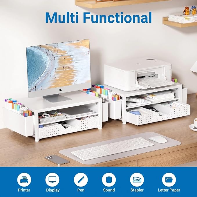 OPNICE Desk Organizers and Accessories, 2-Tier Computer Monitor Stand Riser with Drawer and 2 Pen Holders, Laptop Stand, Office Desk Accessories for Office Supplies, White