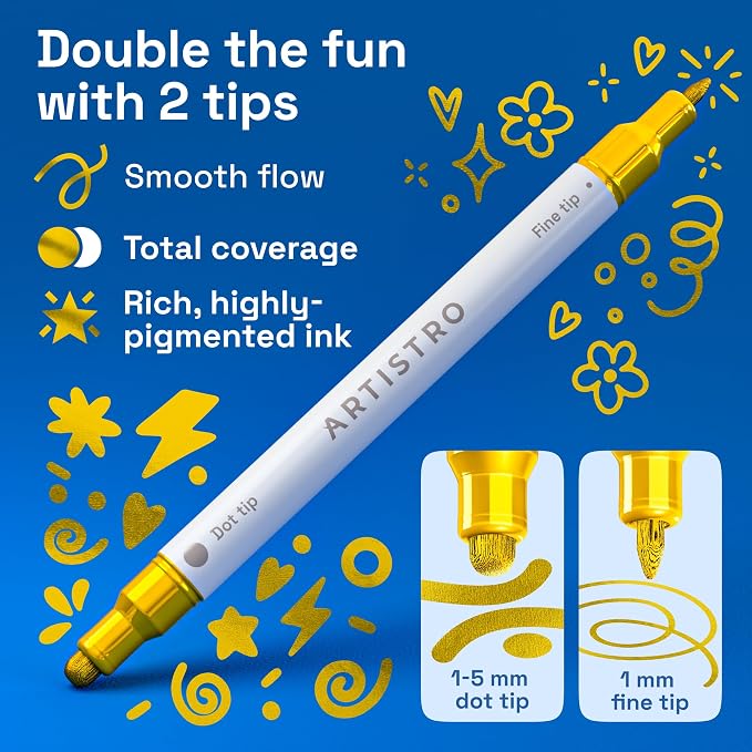 ARTISTRO 36 Gold Dual-Tip Acrylic Paint Markers – Paint Pens Set with Dot & Fine Tips for Fabric, Rock, Glass, Wood, Coloring Books – Arts & Crafts Gift – Classroom Must Haves & School Supplies
