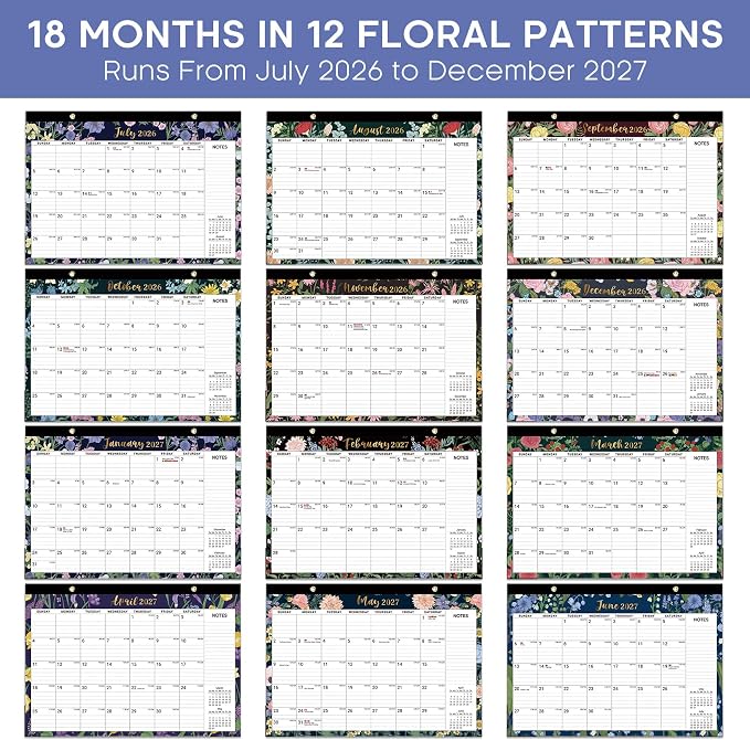 3 Pack of Desk Calendar 2026-2027, 18-Month Calendar Runs from July 2026 to December 2027, Large 17" x 12" Monthly Desktop & Wall Calendar for Home & Office - Midnight Garden