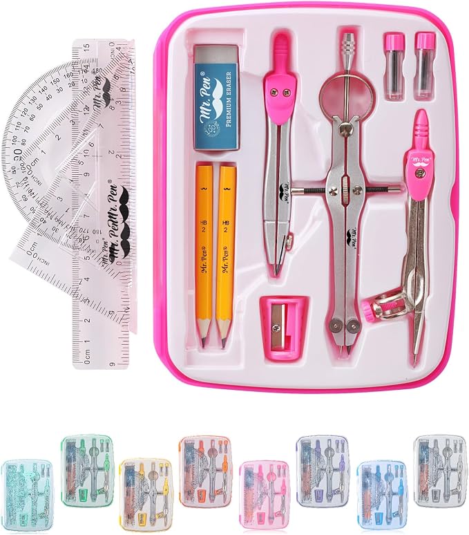 Mr. Pen- Geometry Set, 13 pcs, 3 Metal Compasses, Protractor, 6" Ruler | 45° & 30°/60° Set Squares, Pencils, Lead Refills, Sharpener & Eraser for Math, Drafting & Classroom Use