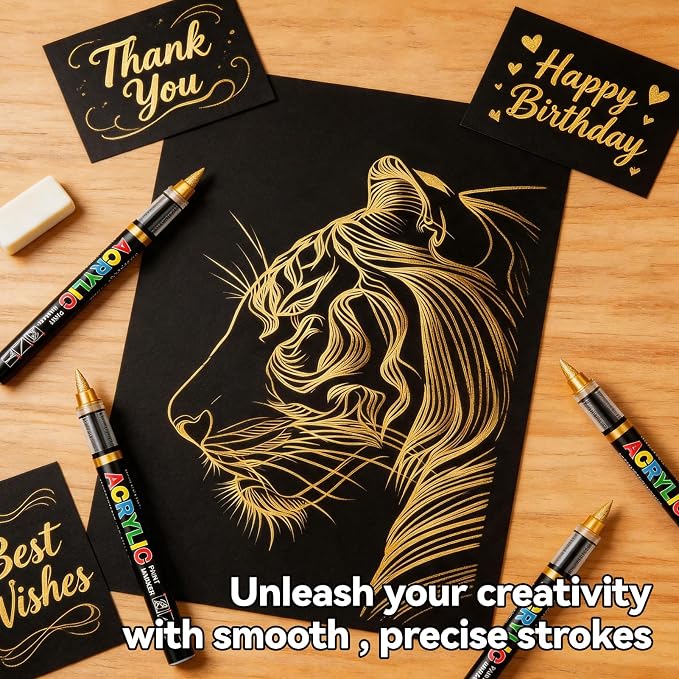 Surcotto 12 Gold Acrylic Paint Pens,Soft Brush Tip Markers,Quick-Drying, Waterproof,Direct-Liquid Ink, Permanent Markers for Canvas,Rock Painting,Wood, Stone,Glass,Ceramic,Fabric Painting,DIY Crafts