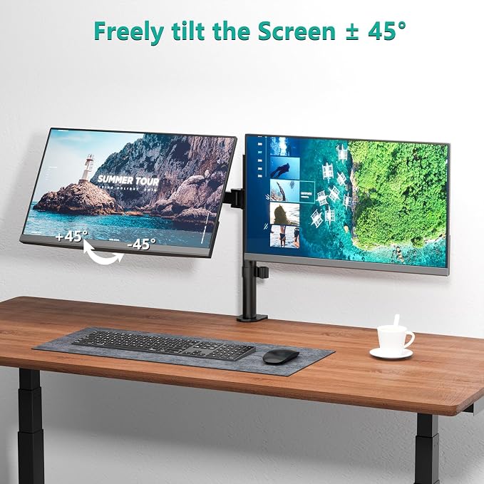 WALI Articulating Dual Monitor Stand for 13-27 inch Screens, 22 lbs per Arm | 2 Monitor Desk Mount, Full Motion with Tilt, Swivel, Rotation, C-Clamp & Grommet Base, VESA 75/100mm (M002), Black
