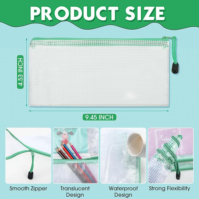 Handepo 100 Pack Mesh Zipper Pouch Pencil Pouches Bulk Clear Storage Bag Small Waterproof Purse Bag Multipurpose for Cash Board Game Passport Office(A6/9.45x4.53in,White Pouch Green Zipper)