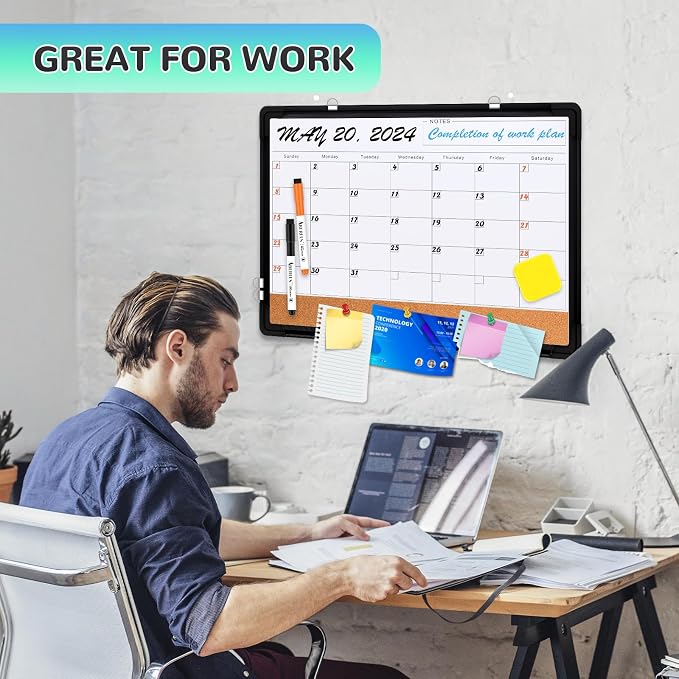 Monthly Calendar Whiteboard for Wall, 24x18 Inches Dry Erase Board with Cork Board Combo, Magnetic White Board, Double-Sided Hanging Portable Board for Office School Home Kitchen Planner, Black