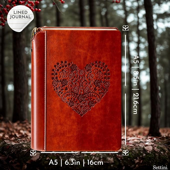SETTINI® Lined Journal - Heart Journal for Writing Gift Set - Hardcover Vegan Leather, Includes Luxury Pen in a Unique Pen Holder, 192 Pages, 6 x 8.5 inches - Father Day Gift