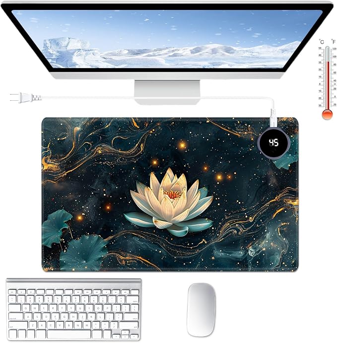 Heated Desk Pad Large Mouse Pad 23.6 x 14.1 inch with 3 Levels Heating & Auto Shut-Off Warm Mouse pad PU Leather Computer Mousepad for Home Office Work - Lotus Flowers
