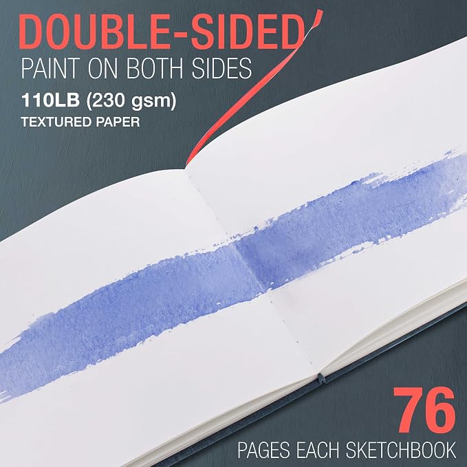 U.S. Art Supply 9" x 12" Watercolor Book (2 Pack, 76 Sheets Each) - 110lb (230 GSM) Linen-Bound Hardcover Artist Paper Pads - Acid-Free Cold-Pressed Watercolor Paper Pad Mixed Media