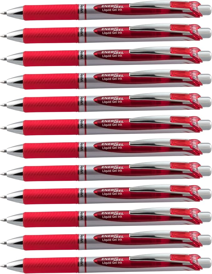 Pentel EnerGel RTX Liquid Gel Pen (0.7mm), Metal Tip, Red Ink, Box of 12 (BL77-B)
