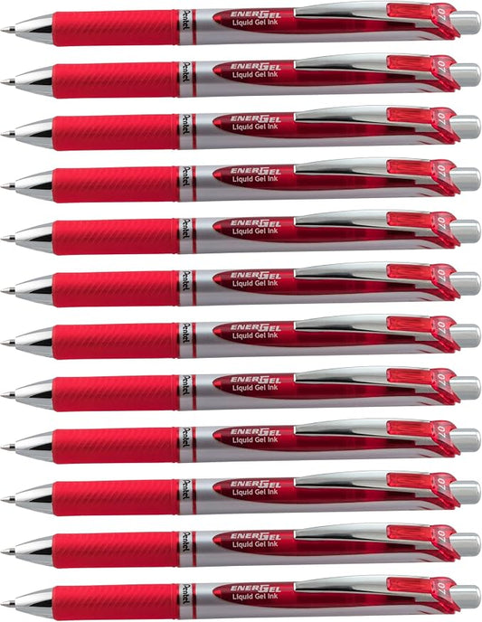 Pentel EnerGel RTX Liquid Gel Pen (0.7mm), Metal Tip, Red Ink, Box of 12 (BL77-B)