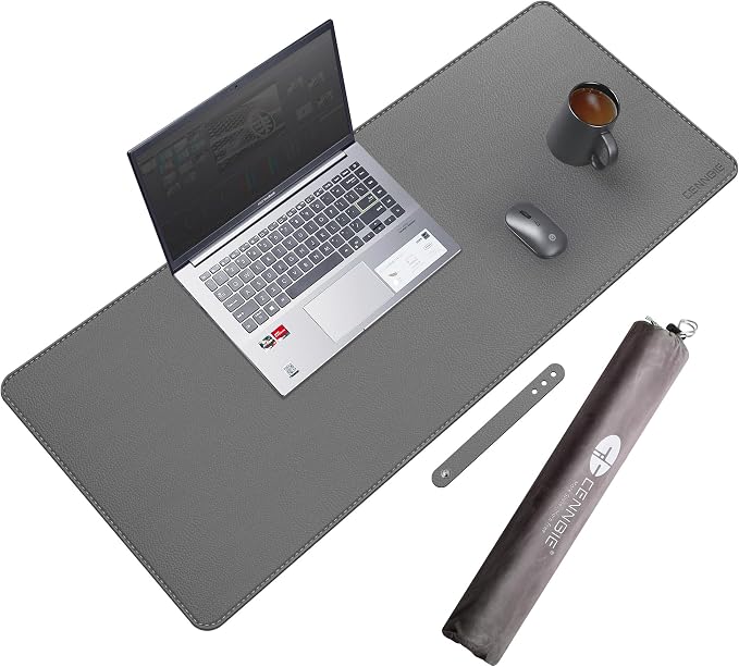CENNBIE 35.5" x 16" Leather Desk Mat, Computer Mouse Pad for Office(Grey) | Premium stitched edges resist wear. Easy to clean. Protects desk from spills, stains ,scratches. Smooth glide. Office & home.