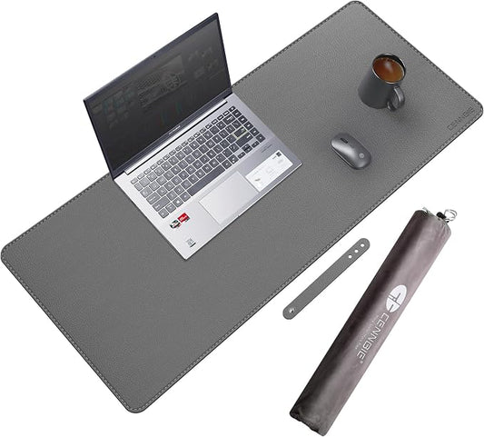 CENNBIE 35.5" x 16" Leather Desk Mat, Computer Mouse Pad for Office(Grey) | Premium stitched edges resist wear. Easy to clean. Protects desk from spills, stains ,scratches. Smooth glide. Office & home.