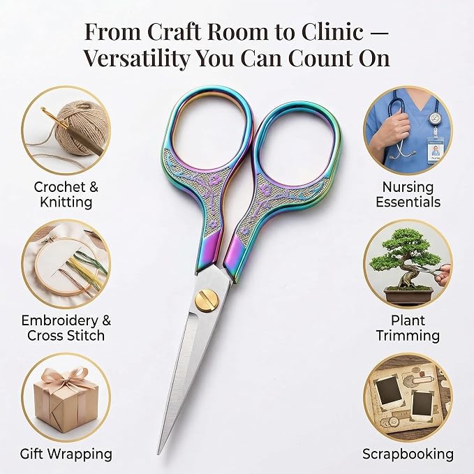 Rainbow Iridescent Scissors for Lace Wigs, 5 Inch Vintage Sharp Embroidery Snips for Needlepoint, Beautiful Metal Sewing Scissors for Fabric & Crafts, Ornate Pattern Scissors with Leather Sheath