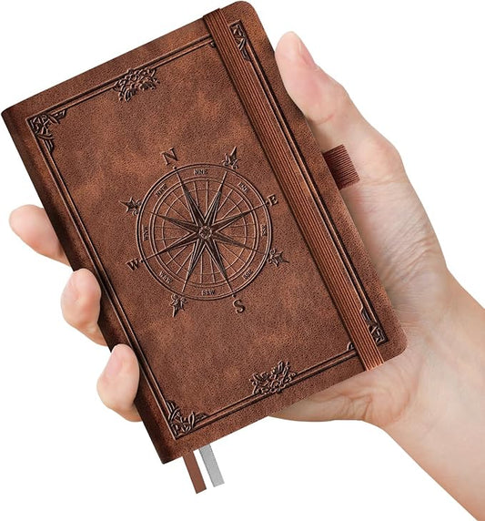 AHGXG Small Lined Pocket Notebook, 256 Numbered Pages, B6 (4.1'' X 5.7'') | College Ruled Mini Journal, Vintage Leather Softcover, 80gsm Paper, for Men Women Work Office School (Brown)
