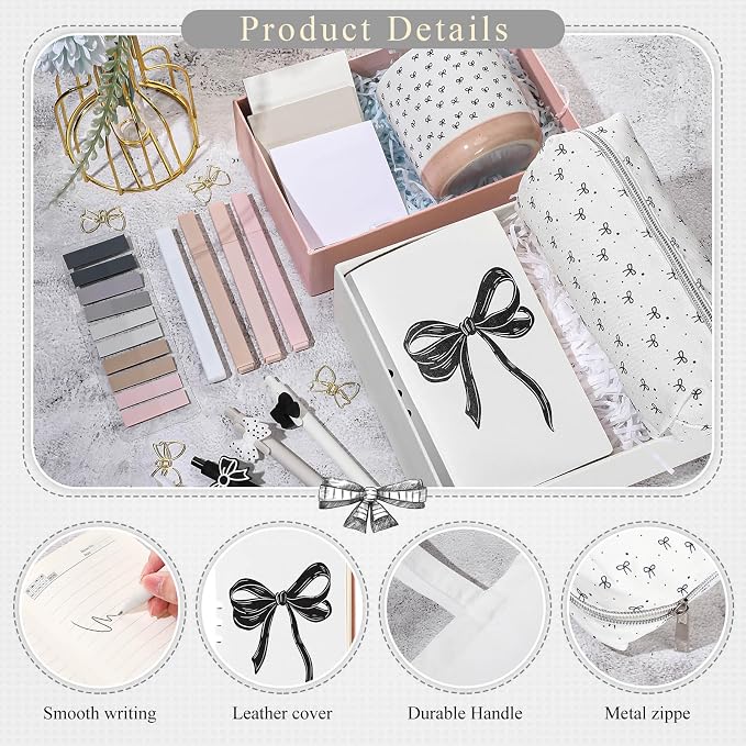 Reallnaive 25 Pcs Black Bow Stationery Gift Set for Women, Coquette School Supplies Box with Mug A6 Notebook Tote Bag Pens Highlighters Pencil Pouch, Cute Desk Accessories for Back to School, Birthday