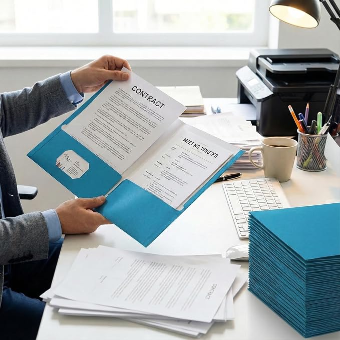 Zzrywuty File folders with Pockets,Light Blue Two folders for documents,50 Pack Paper Folders with Card Slot,Letter Size,School Students,Business,Home and Office Workers