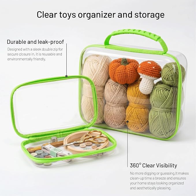 Large Toy Storage Bags with Handle,Clear Hard Shell Zipper Case, 3 Pcs Travel Toiletry Bag,Waterproof toys storage and Organizer Bags for Puzzles,Diapers,Cosmetics,Reusable Organizer Pouch (Green)
