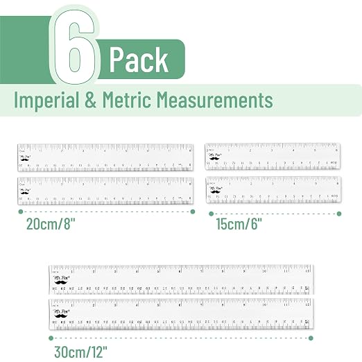 Mr. Pen- Clear Ruler Set, 6 Pack, 6", 8" and 12", Metric & Imperial | Plastic Ruler, Transparent Measuring tools