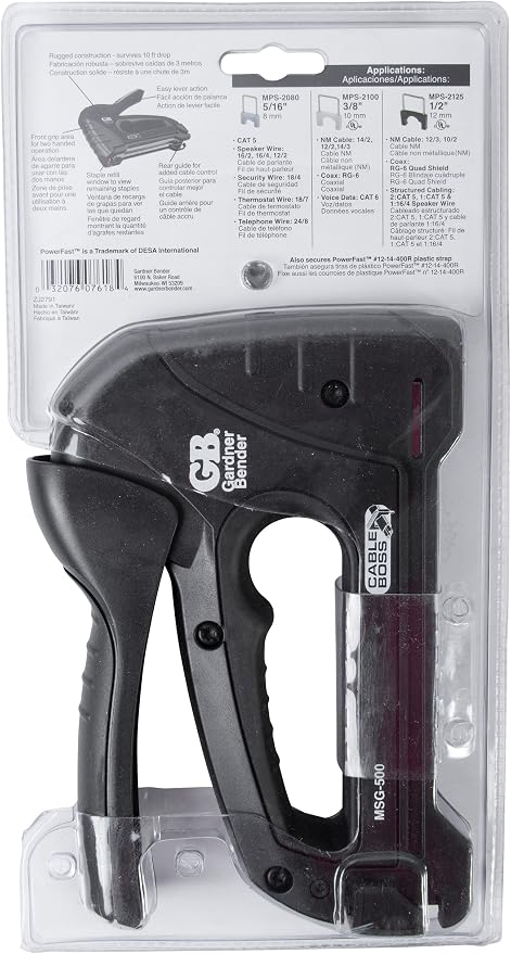 Gardner Bender MSG-501B Heavy-Duty Cable Boss Staple Gun, Professional Grade, Secures (NM) Coax, & Low-Volt Cable, Black