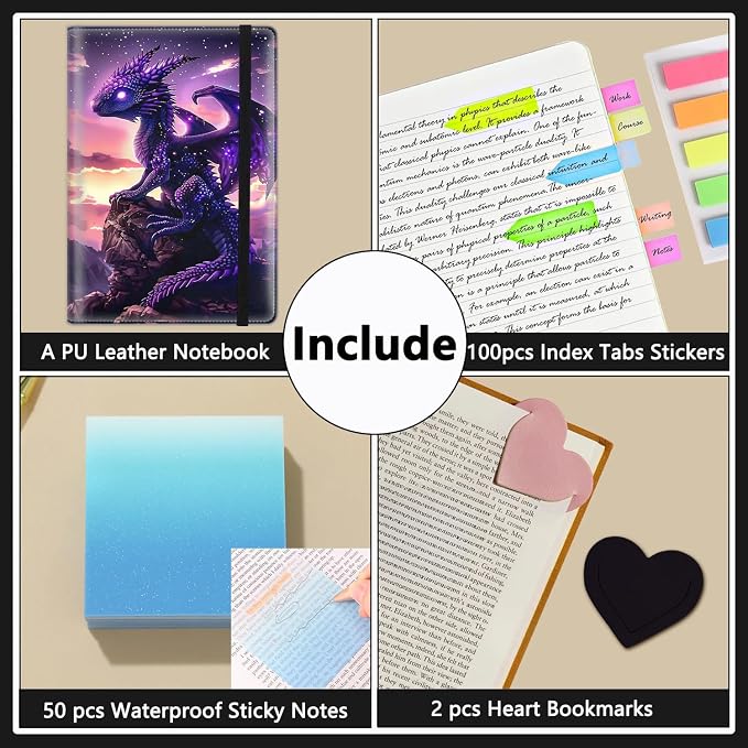 A5 Leather Lined Journal Notebook, 200 Pages Hardcover Executive Notebook for Men Women Office School Note Taking, Thick Writing Paper Daily Journal with Bookmarks/Indexes, Baby Purple Dragon