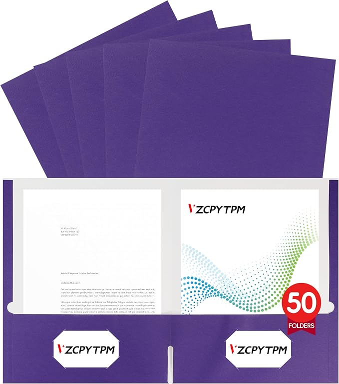 VZCPYTPM 50 Pack Purple Folders with Pockets,2 Pocket File Folders for Letter Size (8.5 x 11 Inch),Professional Design with Business Card Slot for Office and School Organization