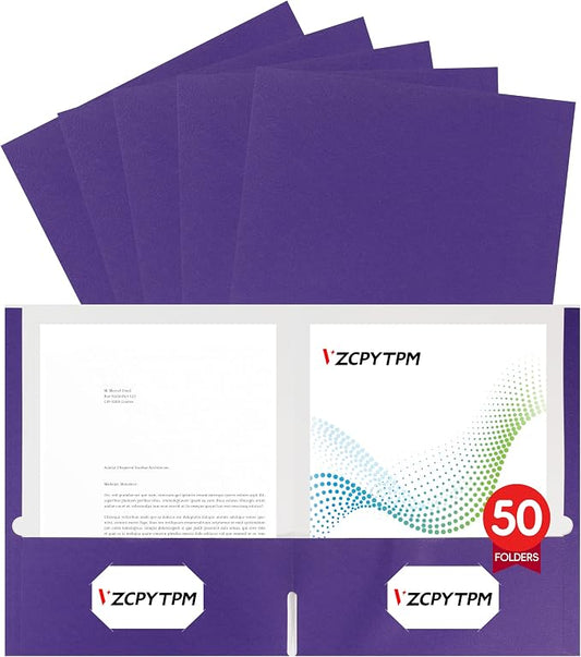 VZCPYTPM 50 Pack Purple Folders with Pockets,2 Pocket File Folders for Letter Size (8.5 x 11 Inch),Professional Design with Business Card Slot for Office and School Organization