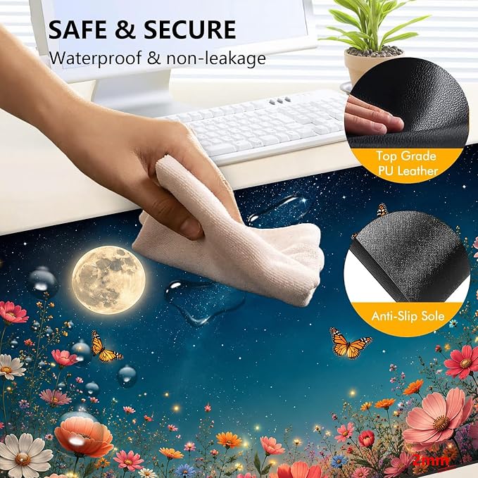 Large Heated Mouse Pad–31.5" x 13" Desk Mat for Office | 3 Adjustable Heat Levels,Auto Shut-Off After 3 Hours for Safety,Keeps Hands Warm While Working，Starry Sky Flower Field