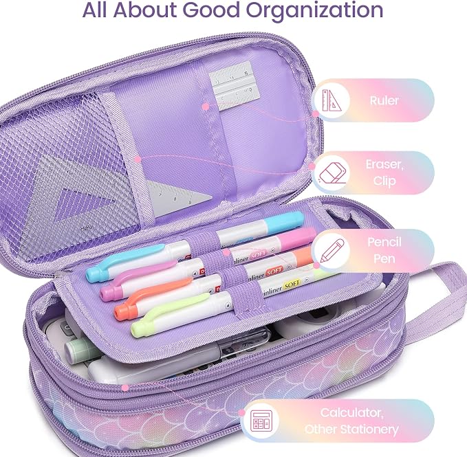 Bagseri 2 Pack Pencil Case for Girls - Expandable Cute Pencil Pouch for Kids Large Capacity Pencil Bag Organizer for School (Purple Mermaid and Pink Unicorn)