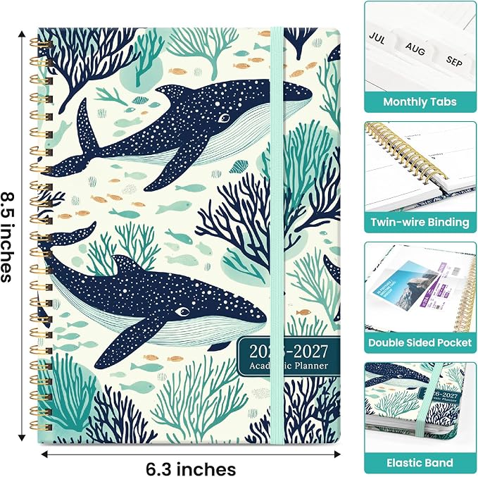 Planner 2026-2027, Academic Year Monthly and Weekly Calendar Planner, Jul 2026 - Jun 2027, Hardcover Teacher Student Planning Agenda book with Tabs, Perfect for School Office Supplies, 6.3" x 8.5" - Drifting Whales