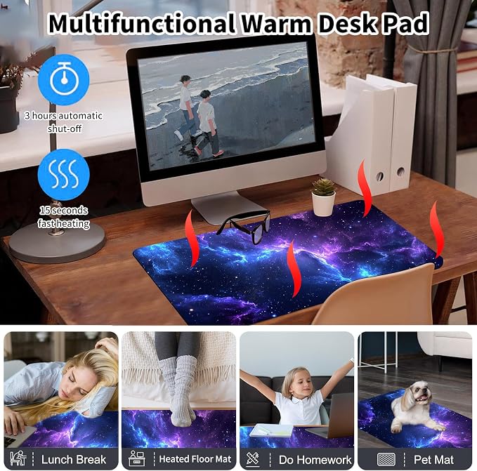 Heated Desk Pad Mouse Pad,Heated Desk Mat,with 3 Heating Levels & 3 Hours Auto Shut-Off,Leather 23.6"*14.2" Gaming Mouse Laptop Mat,Foot Warmer,Blue Purple Glitter Sky