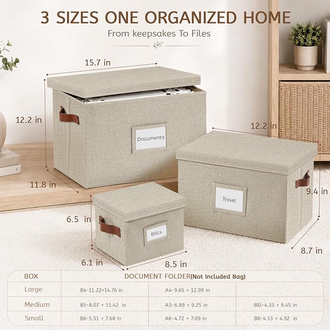 3-Pack Multi-Size Storage Boxes for Documents & Files, Beige | Office files & board games | Fits A4/B4 papers | Multi-size (L/M/S) | Dust-proof | Includes labels & glue dots
