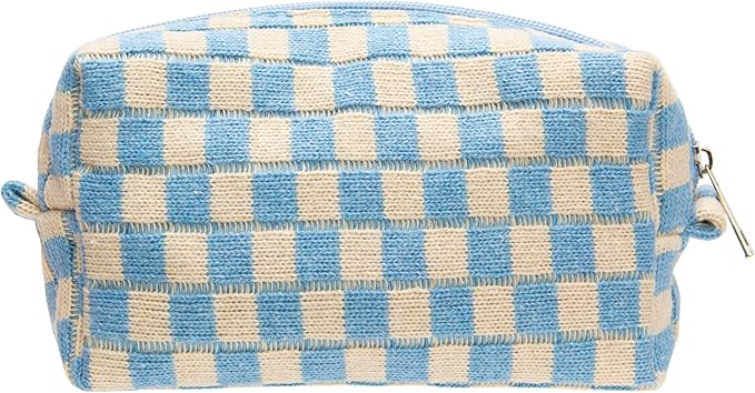 Checkered Makeup Bag for Purse, Small Travel Cosmetic Pouch,Blue Beige | Cute Zipper Makeup Organizer for Women, Travel Essentials, Toiletries, Makeup Brushes, Beauty Accessories&Bridesmaid Gifts