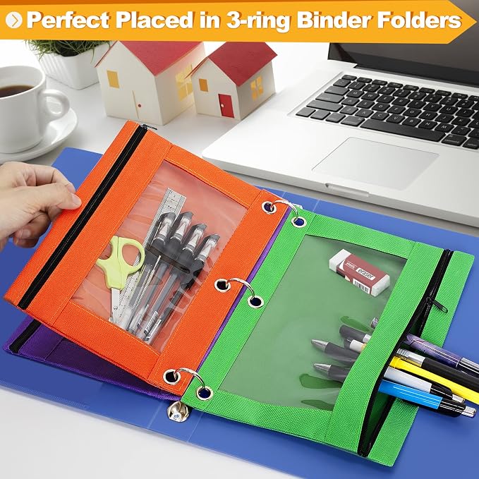 Pencil Pouch for 3 Ring Binder, 100 Pack Bulk Zipper Pencil Cases with Clear Window, 10 Assorted Color Cloth Binder Pouches with 3 Holes, Durable Pencil Bags for Classroom School Office Supplies