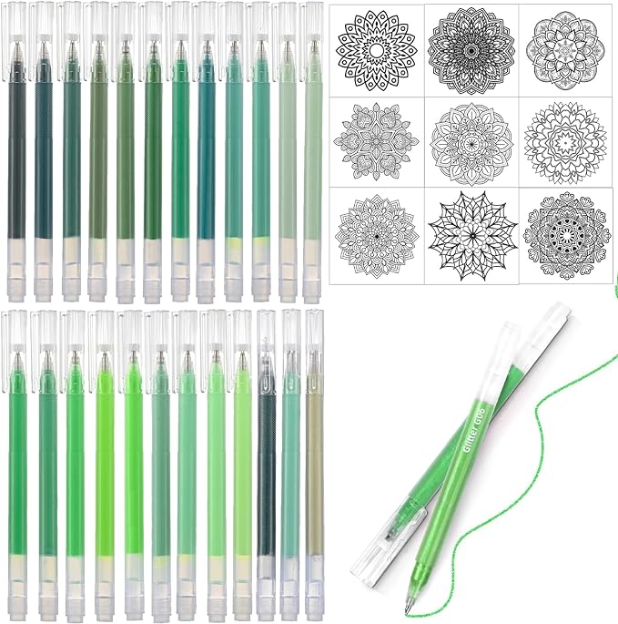 Green Gel Pens Set,24 Colored Gel Pens Glitter Metallic Pastel Morandi Neon Color Gel Pen More Ink Colored Gel Pens for Drawing, Doodling, Scrapbook, Journaling