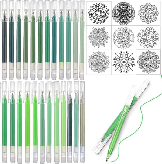 Green Gel Pens Set,24 Colored Gel Pens Glitter Metallic Pastel Morandi Neon Color Gel Pen More Ink Colored Gel Pens for Drawing, Doodling, Scrapbook, Journaling