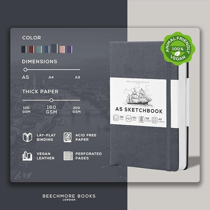 Beechmore Books A5 Mixed Media Sketchbook - 5.8"x8.3" Hardcover Lay-Flat Art Journal, 160 GSM / 98 lb Professional Perforated Paper, Gift Box, for Drawing, Ink and Light Watercolor