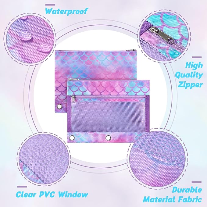 WAWSAM Mermaid Pencil Pouch for 3 Ring Binder, Zipper Pencil Pouch for Girl | 2 Pocket Clear Window Pencil Case, 3 Ring Pencil Pouch for School Supplies, Pencil Bags for Office College