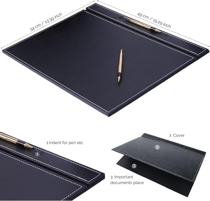 14-Piece Leather Desk Organizer Set, 49x34 cm Desk Pad, Double Document Tray, Pen Holder, Business Card Holder, Phone Stand, Black with Gold Accents