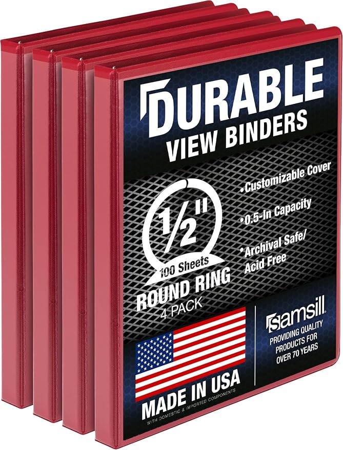 Samsill 4 Pack Durable 0.5 Inch 3 Ring Binders, Round Ring, Clear View Cover for Presentations, Red
