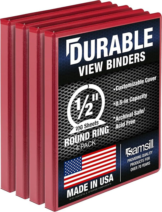 Samsill 4 Pack Durable 0.5 Inch 3 Ring Binders, Round Ring, Clear View Cover for Presentations, Red