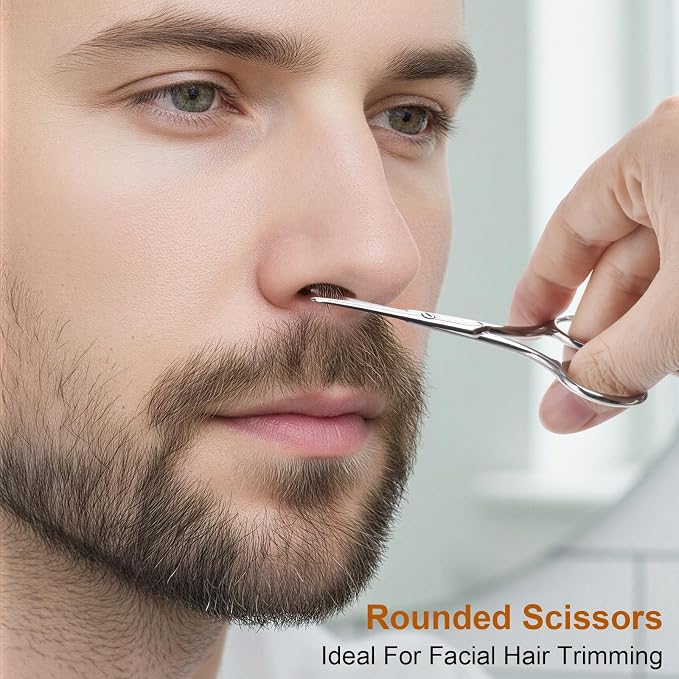 2Pcs Facial Hair Small Grooming Scissors For Men & Women - Eyebrow, Nose Hair, Mustache, Beard, Eyelashes, Ear Hair Trimming Kit, Pointed Scissors and Round Scissors, Travel Friendly Mini Scissors Set
