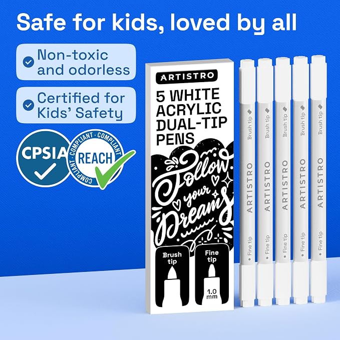 ARTISTRO 5 White Acrylic Paint Markers - Paint Pens for Drawing - For Fabric, Rock, Glass, Wood, Molds - Arts & Crafts Gift for Adults, Teens, Kids, Classroom Must Haves & School Supplies