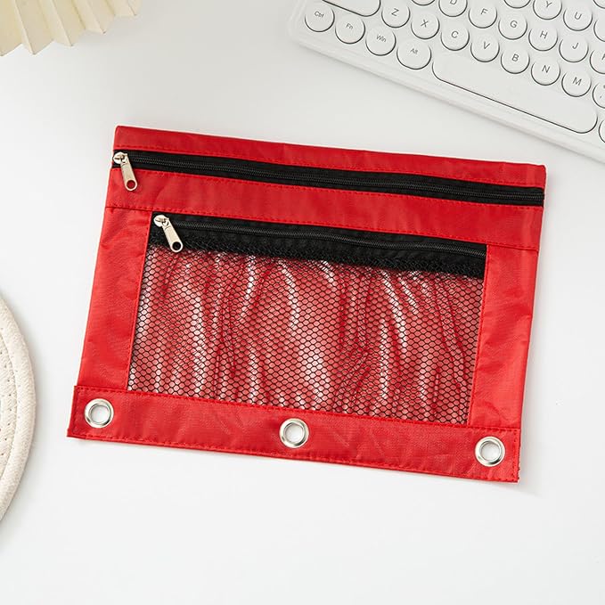 Pencil Pouch for 3 Ring Binder - 3 Hole Zipper Pen Case Bag Holder Bulk Accessories Clear Window Aesthetic Organizer Pockets (Red)