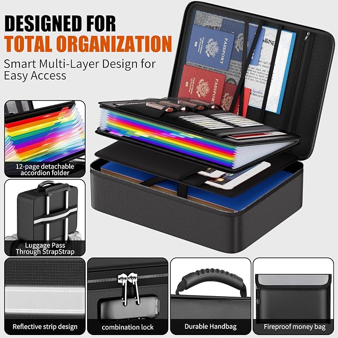 Tamfile Fireproof Document Box with Lock, Heat Insulated Safe Money Bag | Water-Resistant,8 Layers File Organizer,Home Travel Portable Safe Storage for Important Documents,Cash,Passports(Soft)