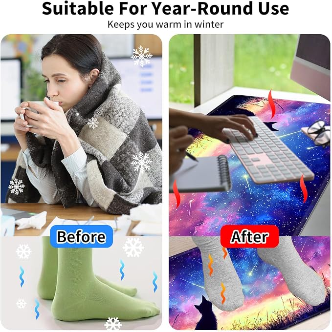 Heated Desk Pad Mouse Pad,Heated Desk Mat,with 3 Heating Levels & 3 Hours Auto Shut-Off,Leather 23.6"*14.2" Gaming Mouse Laptop Mat,Foot Warmer,Colorful Galaxy Cat